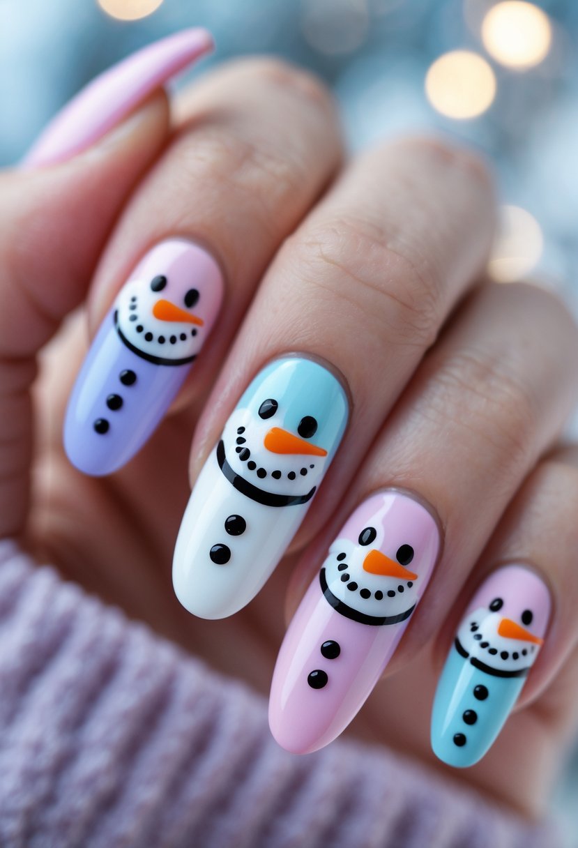 Close-up of fingernails painted with pastel colors and white snowman faces.