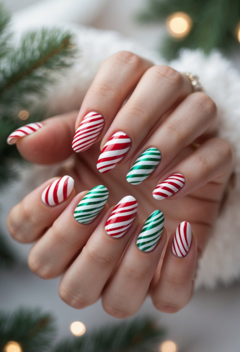 Close-up of hands with nails painted in red, white, and green candy cane stripe patterns against a blurred holiday background.
