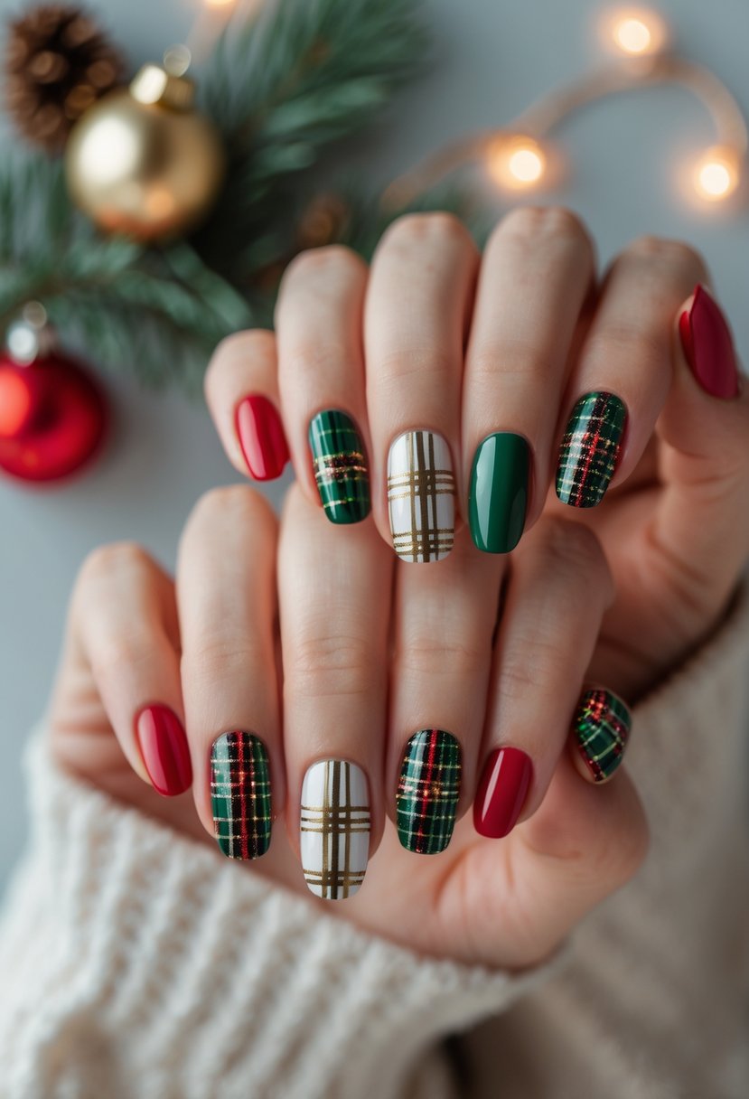 Close-up of hands with 19 nails painted in different colorful plaid patterns, with holiday decorations softly visible in the background.
