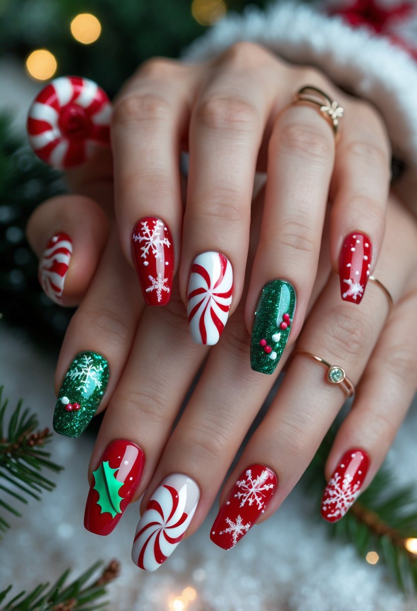 Close-up of hands showing 19 different holiday-themed nails decorated with red, white, and green peppermint swirl designs and festive accents.