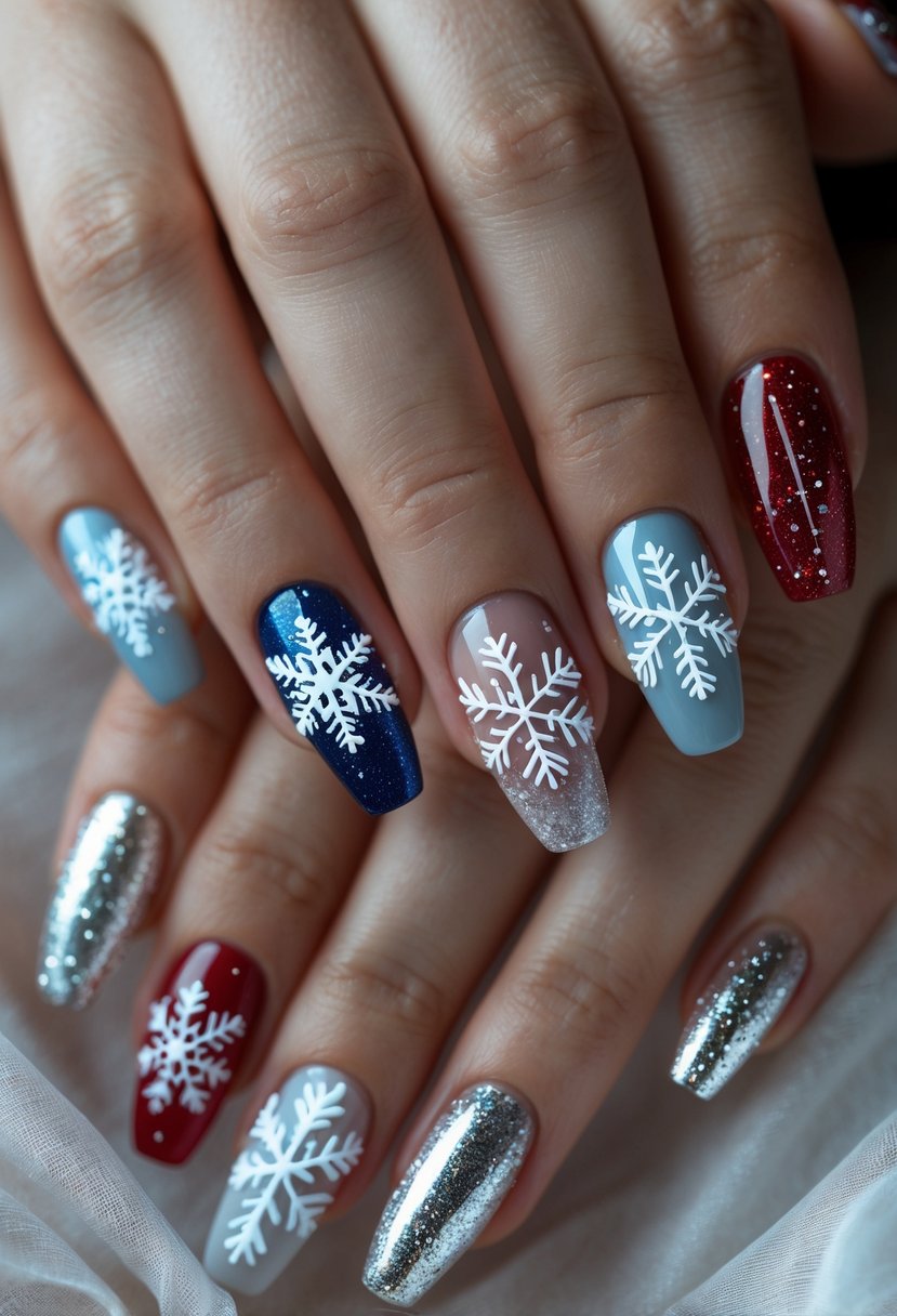 Close-up of hands showing 19 different holiday-themed nails with snowflake patterns on various colored backgrounds.