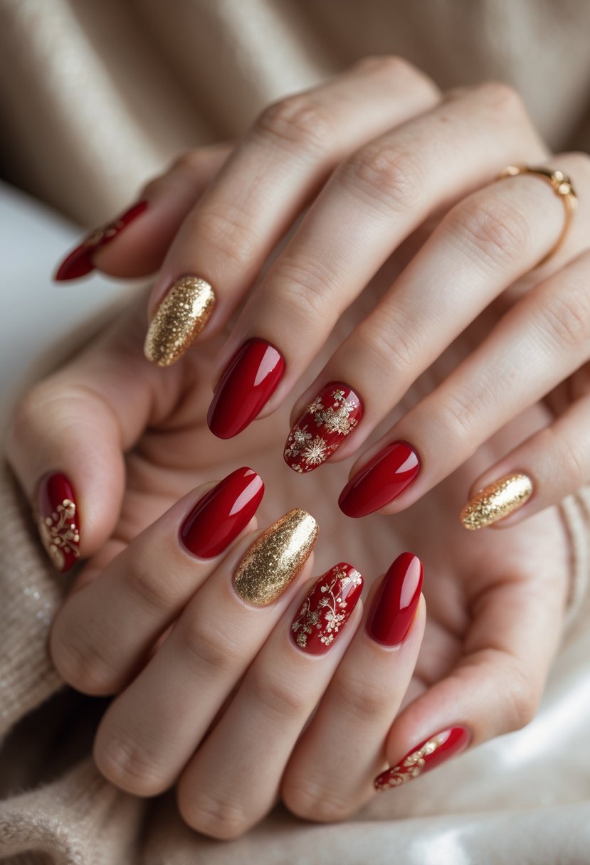 Close-up of two hands with gold and red holiday-themed manicured nails.