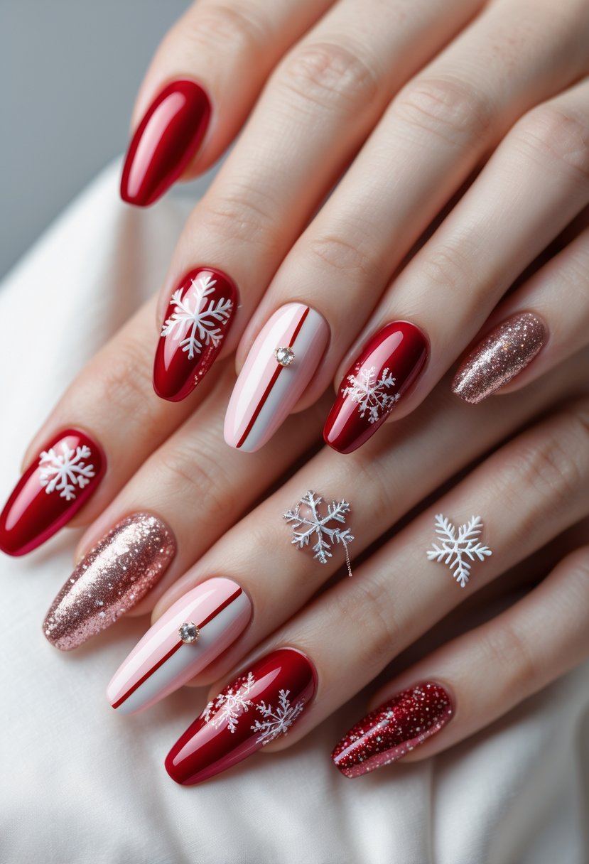 Close-up of hands displaying 19 nails painted in festive pink, red, and white holiday designs.
