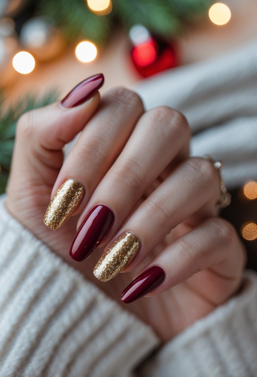 Close-up of hands with glitter ombre nails in red and gold, surrounded by holiday decorations.