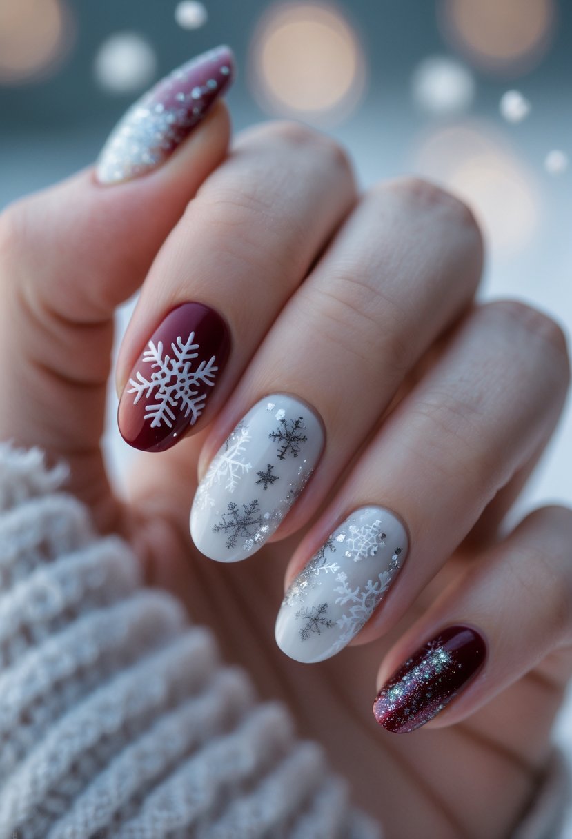 A close-up of a hand with holiday-themed nails featuring snowflake patterns and festive colors.