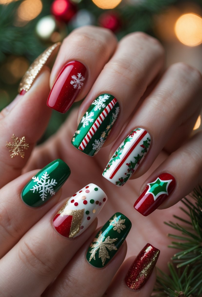 Close-up of hands displaying bold, multi-design holiday-themed nails with festive colors and intricate patterns.