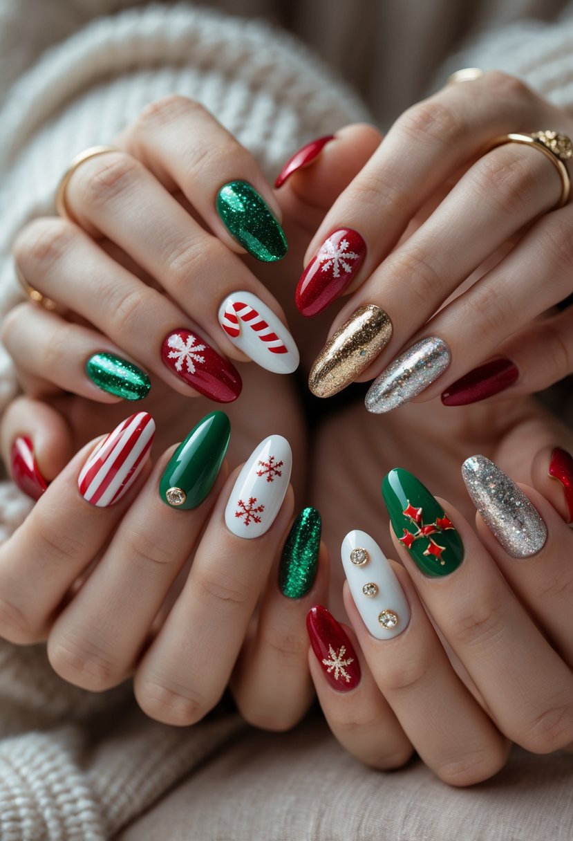 Close-up of several hands displaying a variety of festive holiday press-on nails with different colorful and decorative designs.