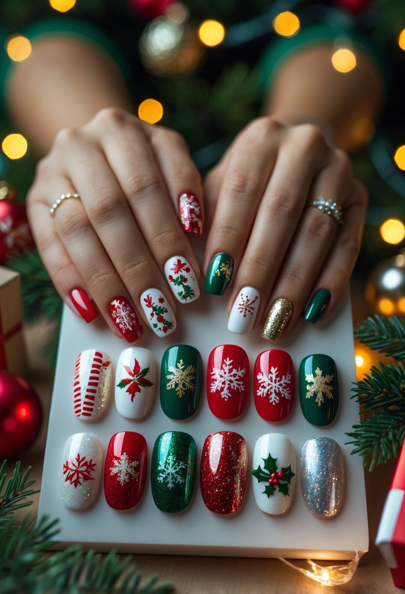 Close-up of hands displaying 24 different Christmas-themed nail art designs with festive decorations in the background.