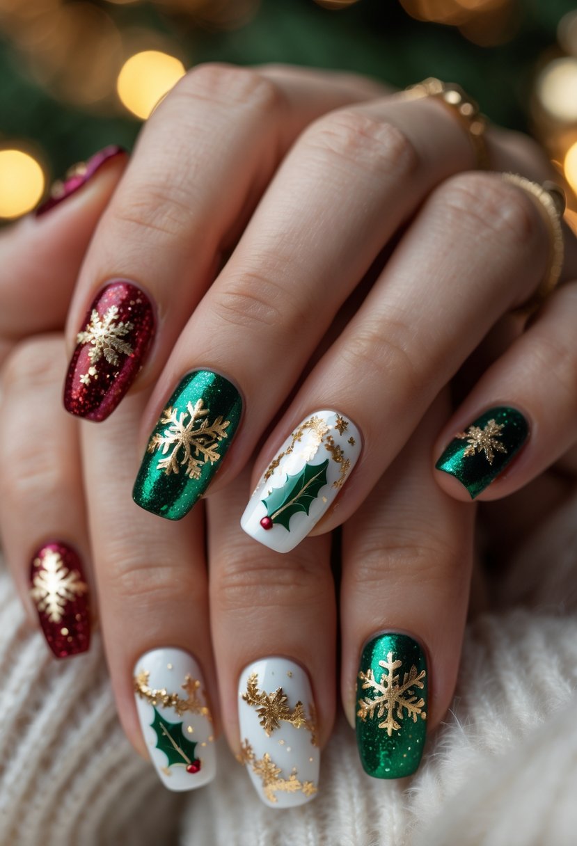 Close-up of manicured hands with Christmas-themed nails featuring gold foil accents and festive designs.