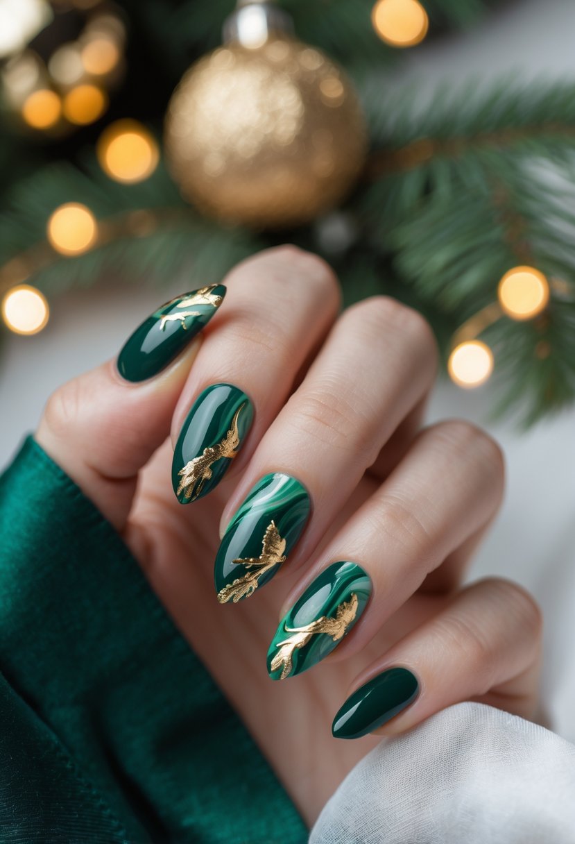 Close-up of a hand with green marble and gold leaf holiday-themed nails resting on a white surface with festive decorations in the background.