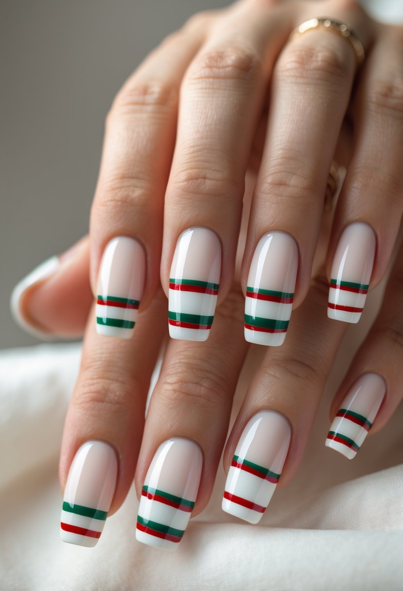 A close-up of a hand showing 24 nails with white tips and red and green lines in a holiday design.
