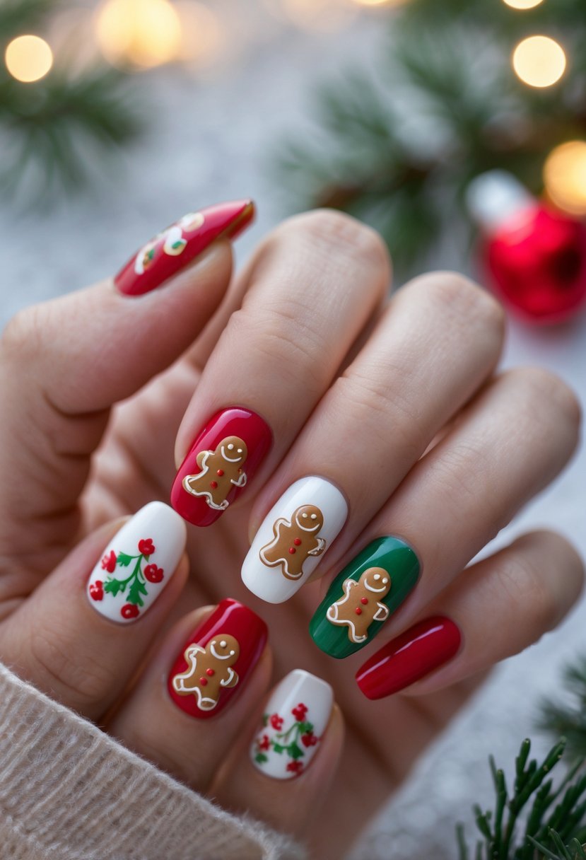 Close-up of hands with holiday-themed nails featuring mini gingerbread man designs and festive colors.