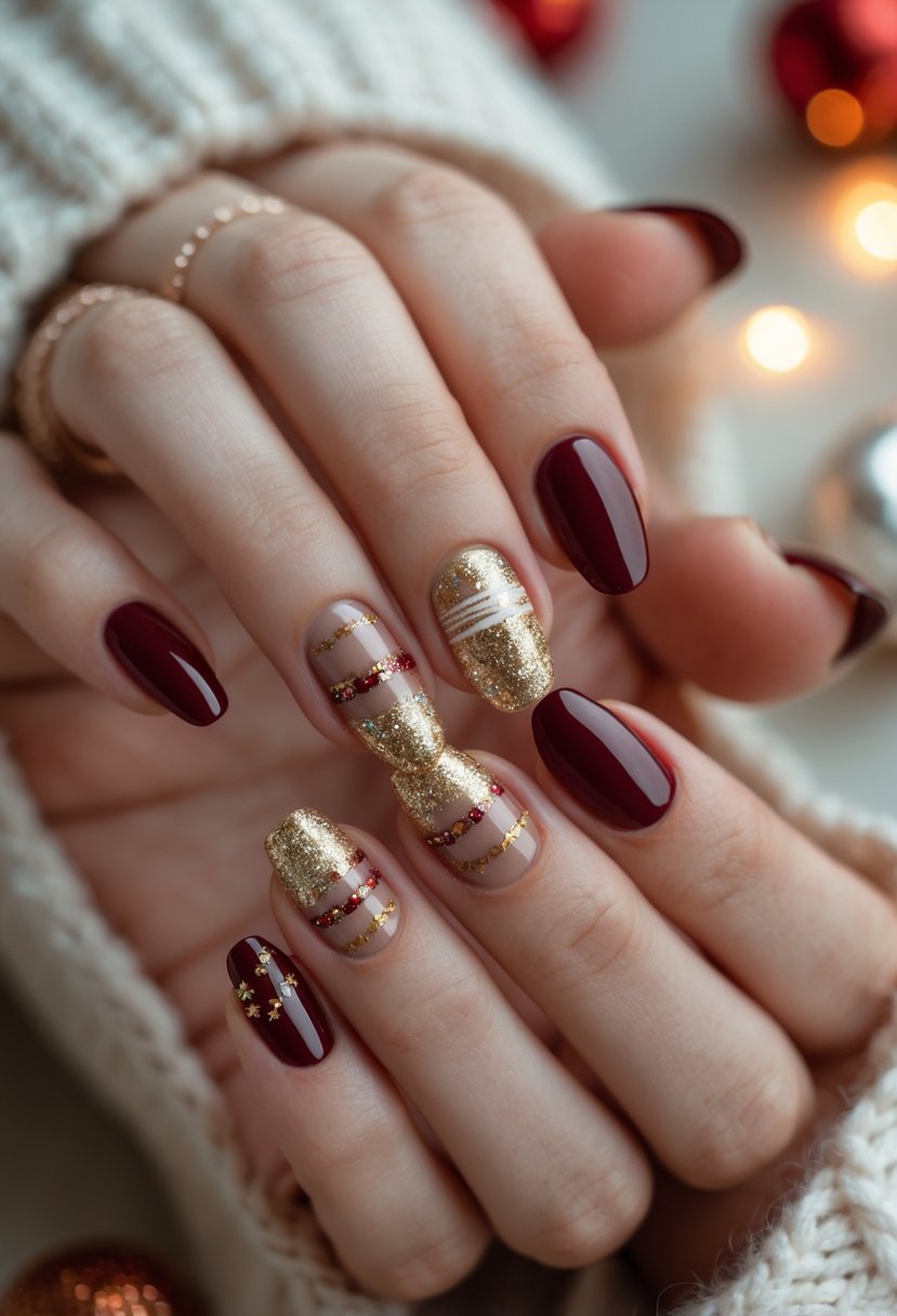 Close-up of hands with red and gold glitter nails against a soft winter background.