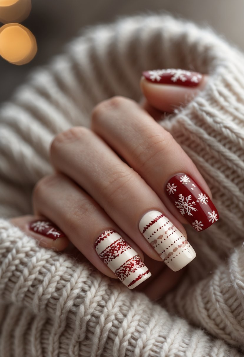 A close-up of a hand with winter-themed nail art resting on a knitted sweater.