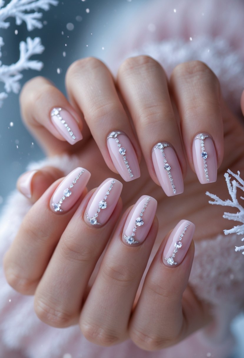 Close-up of hands with soft pink nails decorated with crystal accents set against a winter-themed background.