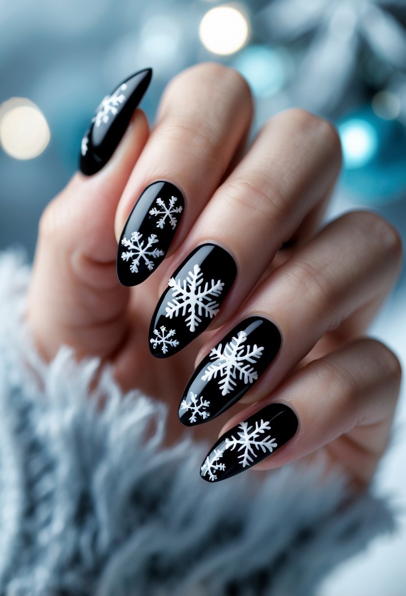 A hand with glossy black nails decorated with white snowflake designs on each nail.