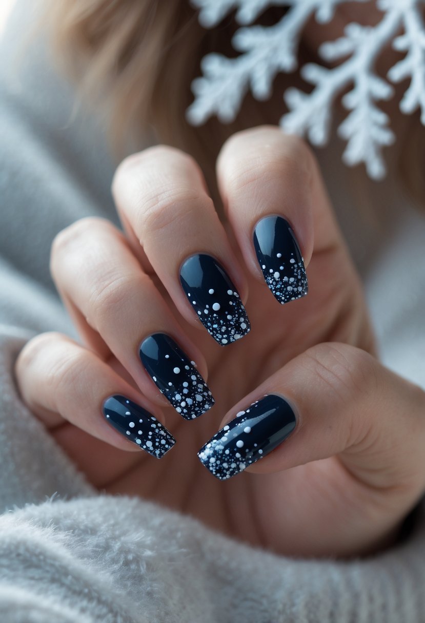 Close-up of hands with navy blue nails decorated with white dots resembling snowfall.