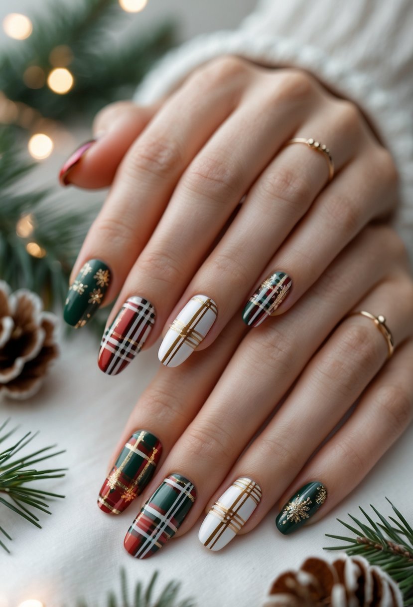 Close-up of hands with festive holiday plaid patterned nails surrounded by winter decorations.