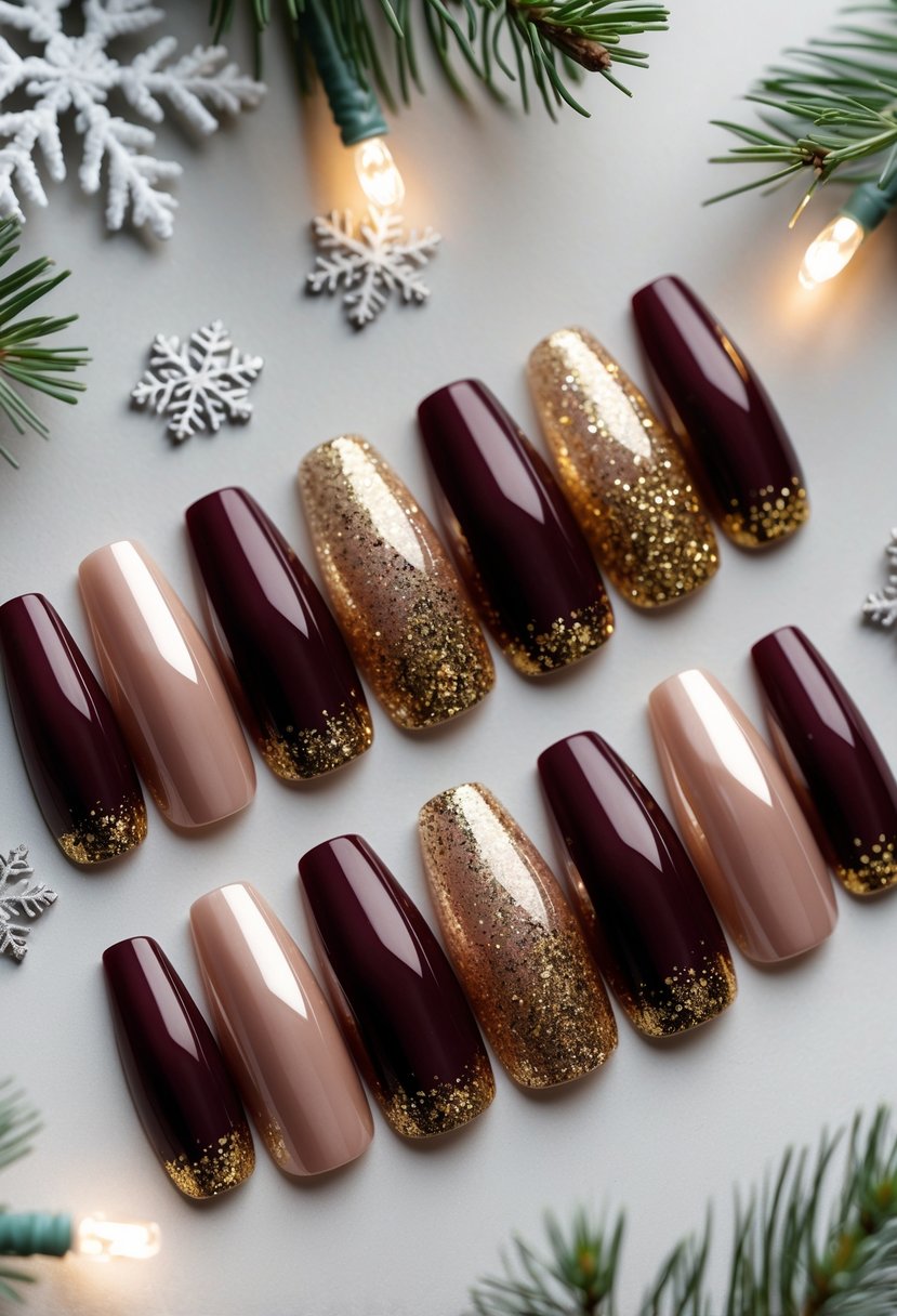A set of 26 burgundy nails with gold glitter gradient tips displayed with winter decorations like snowflakes and pine branches.
