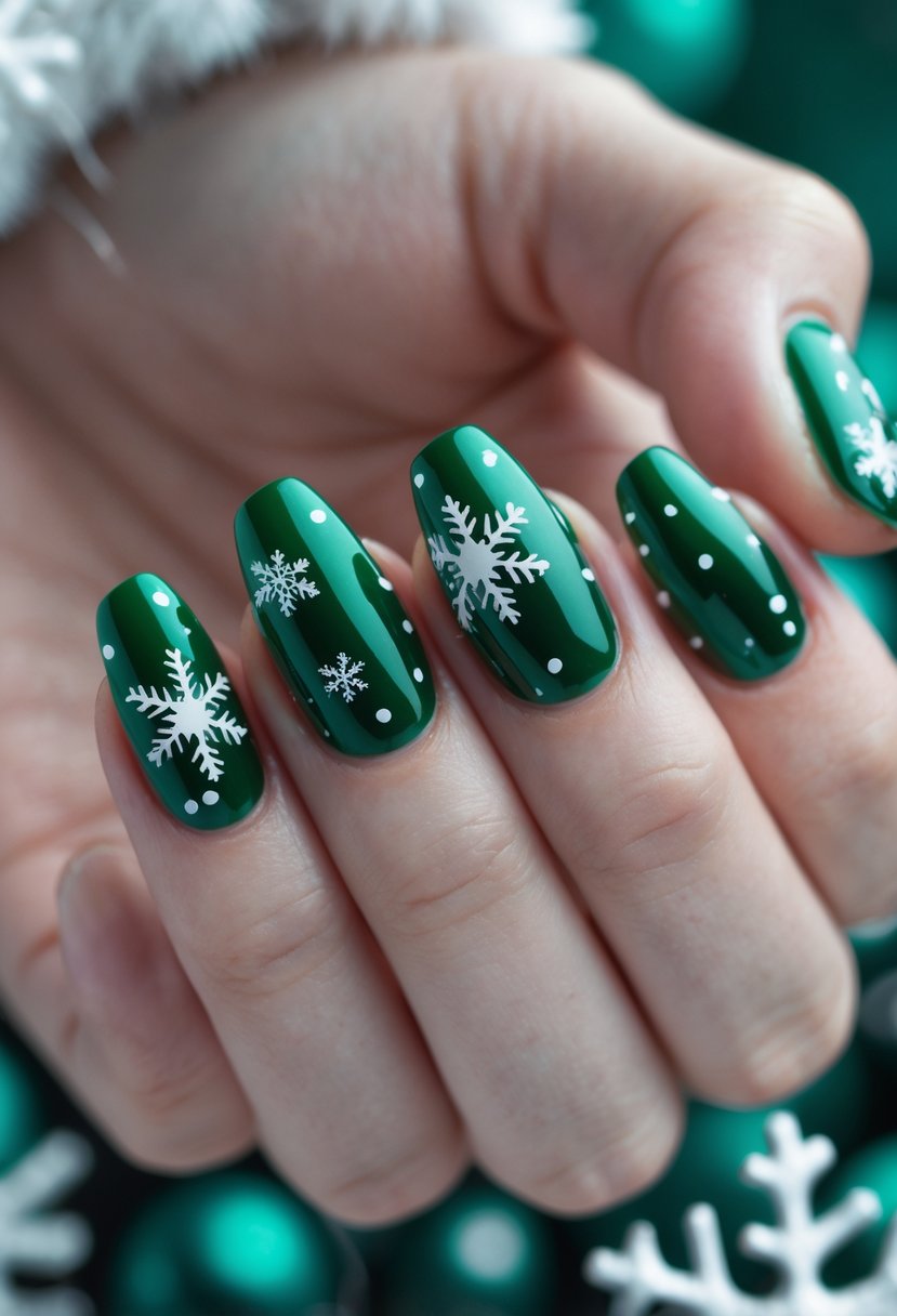 A close-up of a hand with glossy emerald green nails decorated with white snowflake designs.