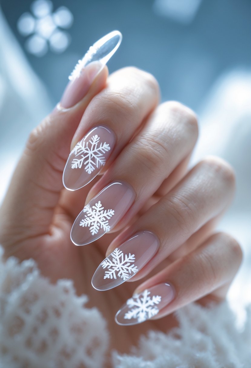 A close-up of a hand with clear nails featuring embedded white snowflake designs.