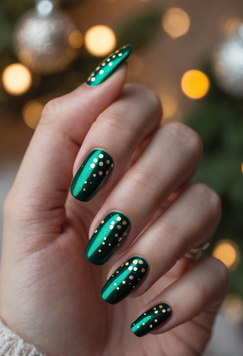 A hand with sparkling emerald green nails decorated with small gold dots, set against a softly blurred festive background.