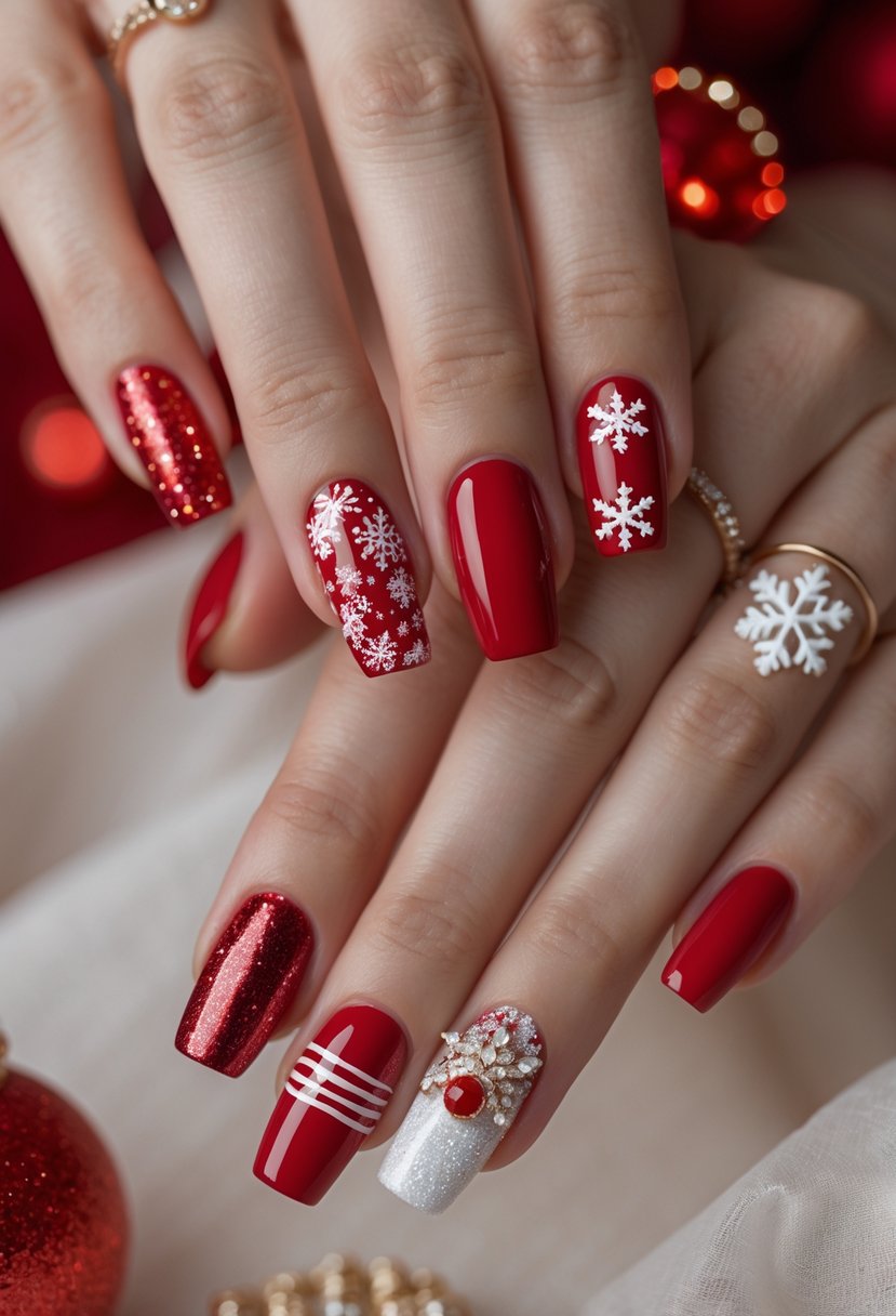 Close-up of hands showing 22 different red holiday-themed nail designs with various patterns and decorations.