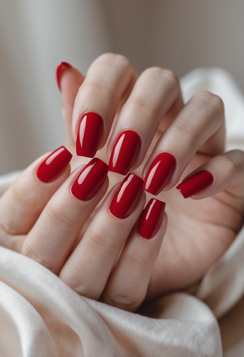 Close-up of hands with glossy red nails against a neutral background.