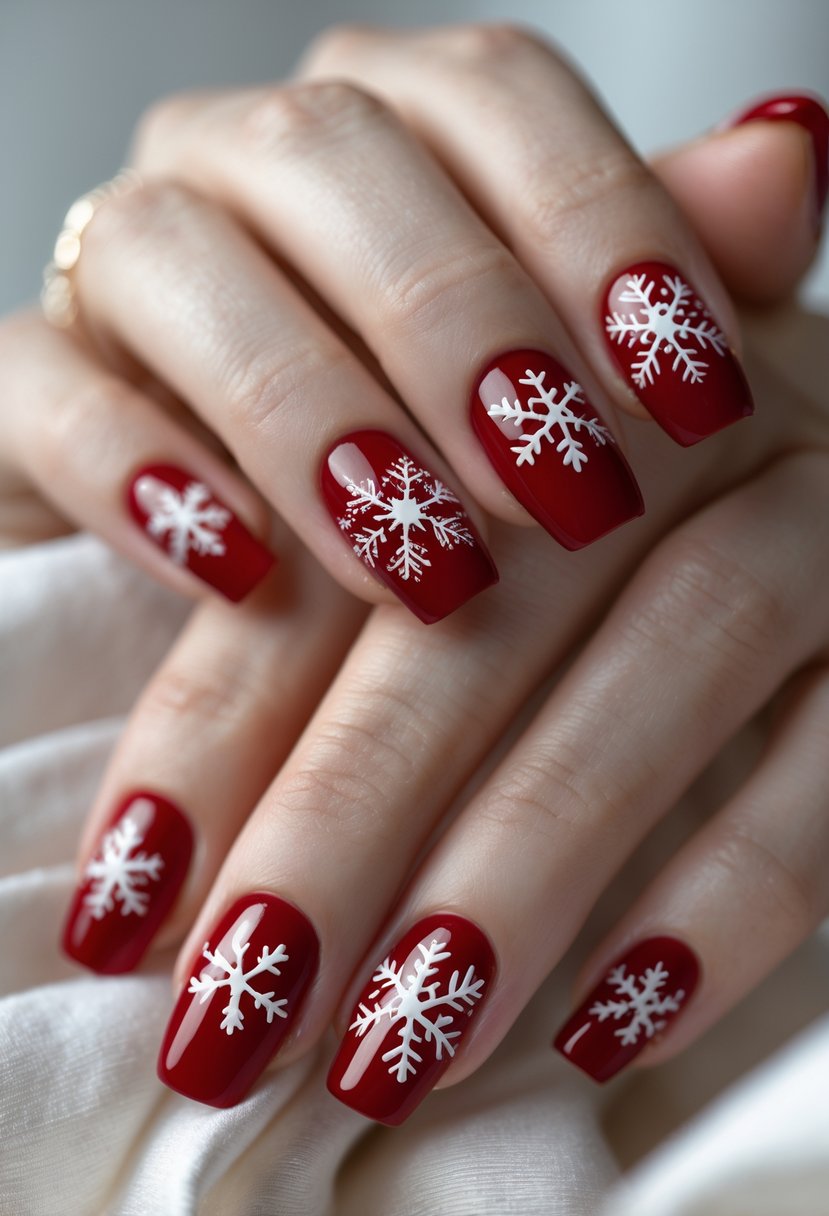 Close-up of hands with glossy red nails decorated with white snowflake designs.