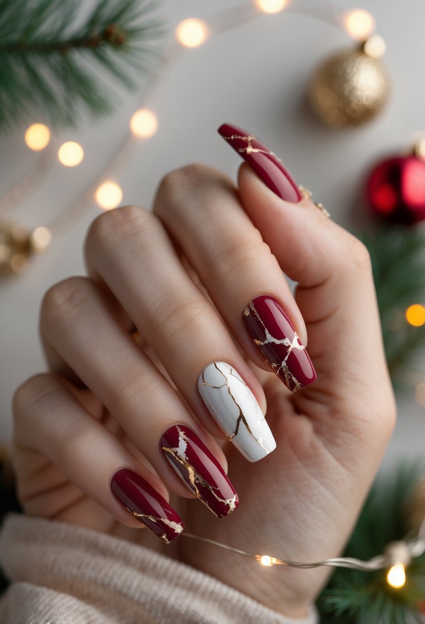 Close-up of hands with ruby red nails featuring a marble design, posed against a soft background with holiday decorations.