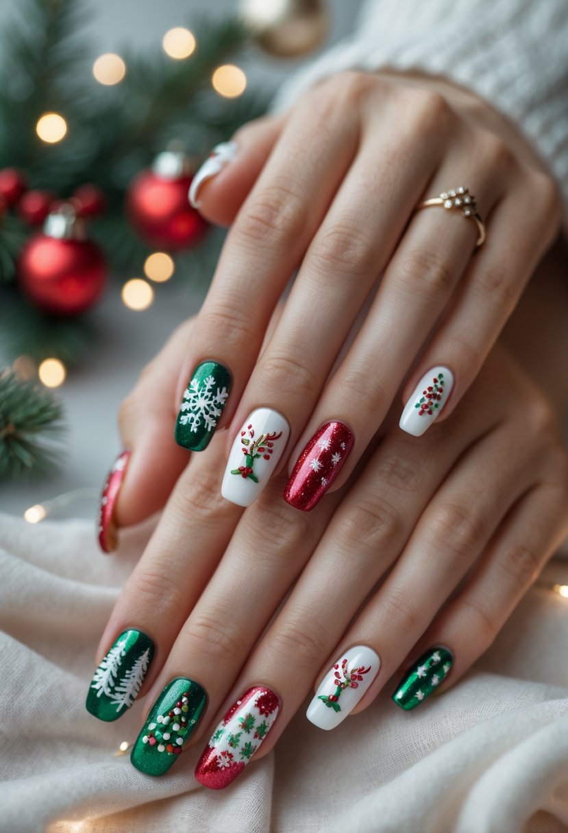 Close-up of hands showing 26 different winter and Christmas-themed nail designs with festive patterns and colors.