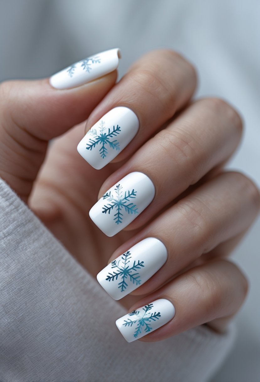 A close-up of a hand with white nails decorated with snowflake designs.