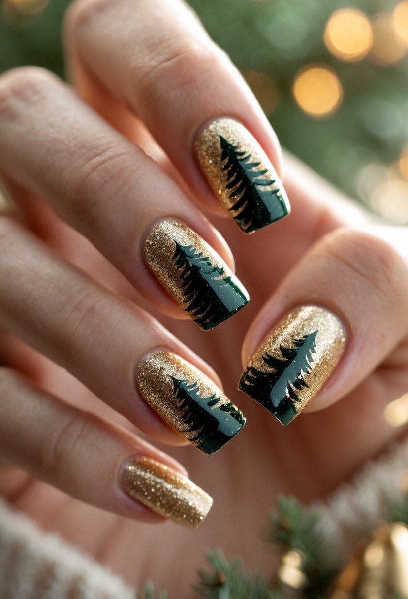 Close-up of a hand showing nails painted with glittery gold polish and pine tree silhouettes.