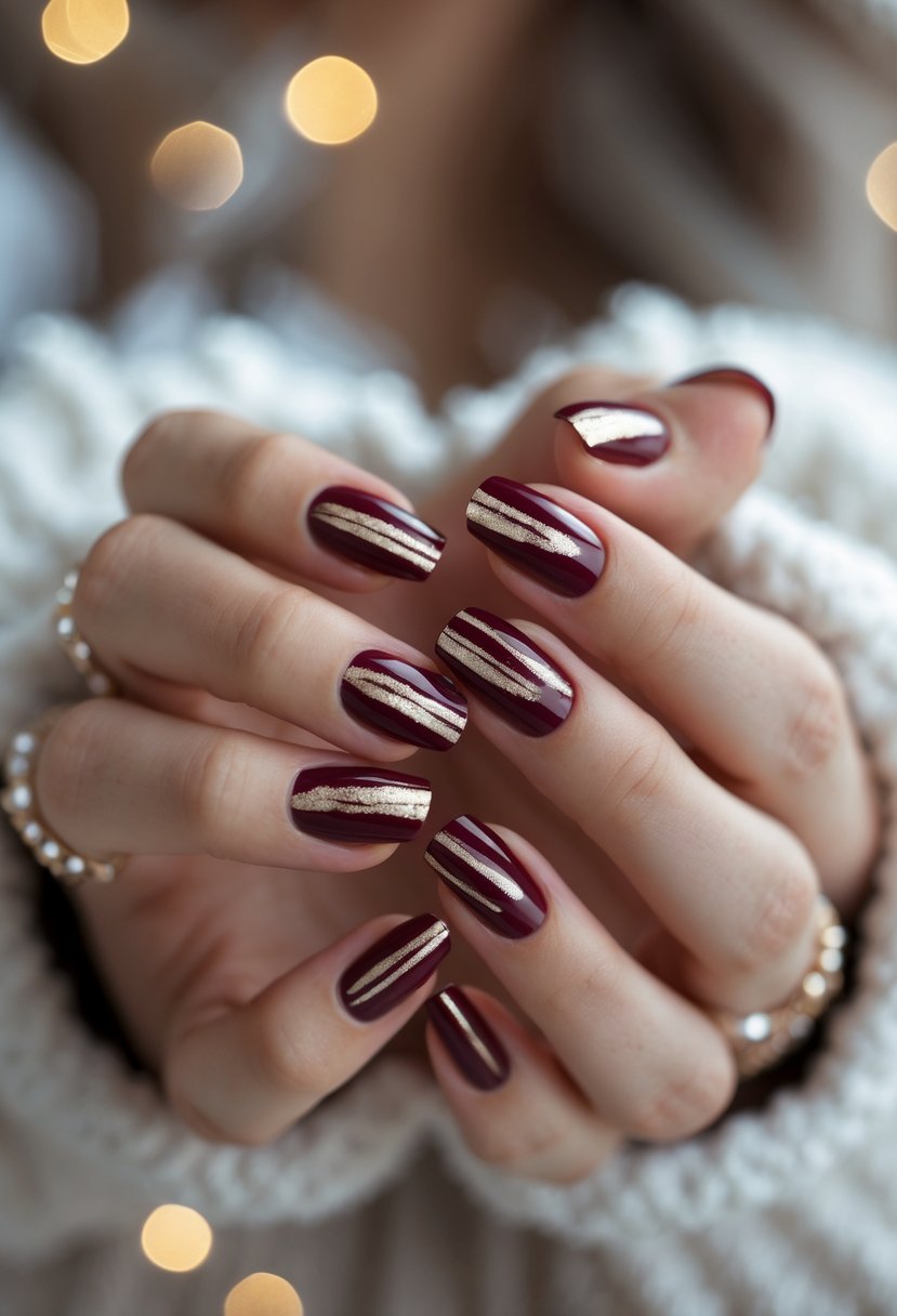 Close-up of hands with deep burgundy nails featuring metallic stripes.