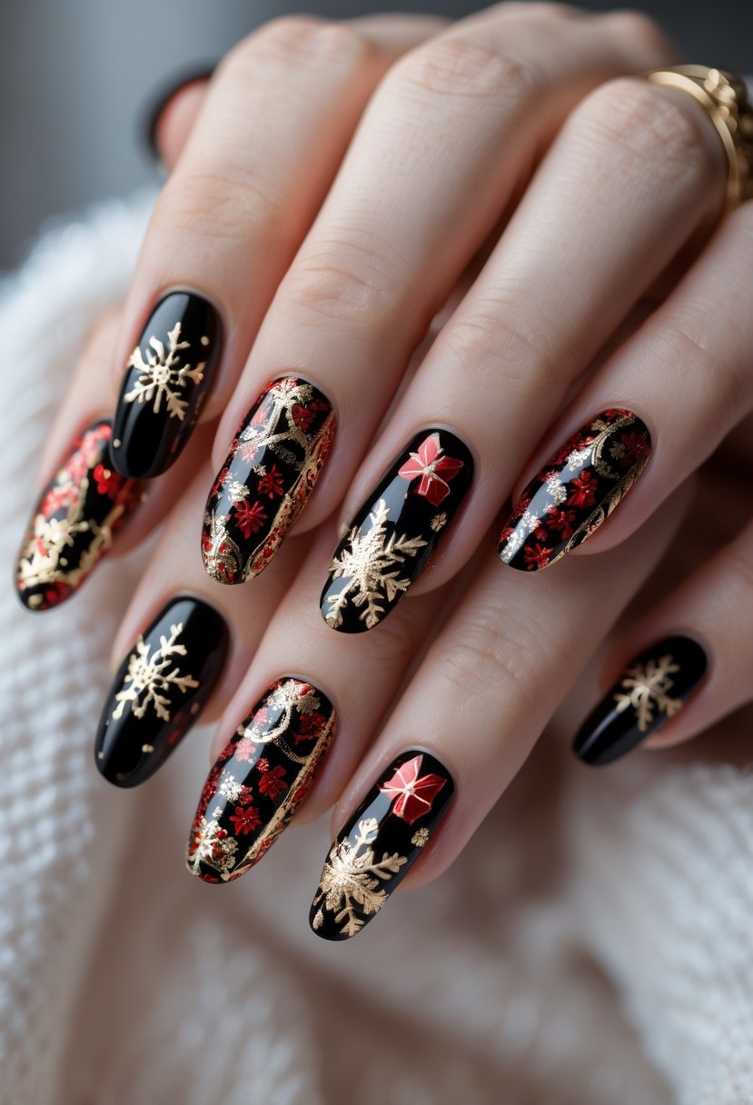Close-up of a hand with black nails decorated with red and gold foil designs for winter Christmas.