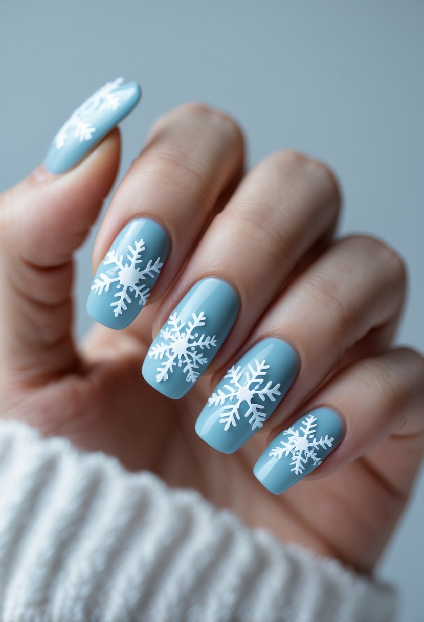 A hand with 26 nails painted pastel blue and decorated with white snowflake designs.