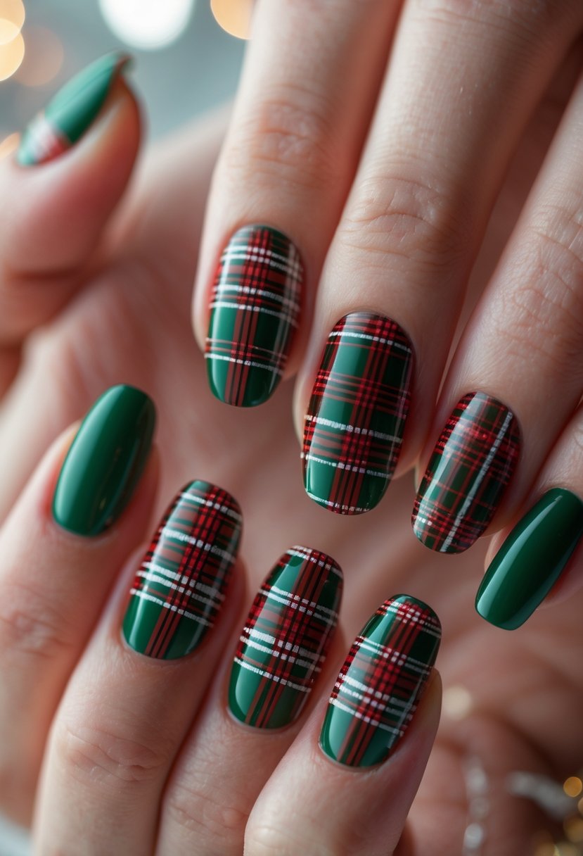 Close-up of 26 fingernails painted with red and green plaid patterns arranged for a winter Christmas theme.
