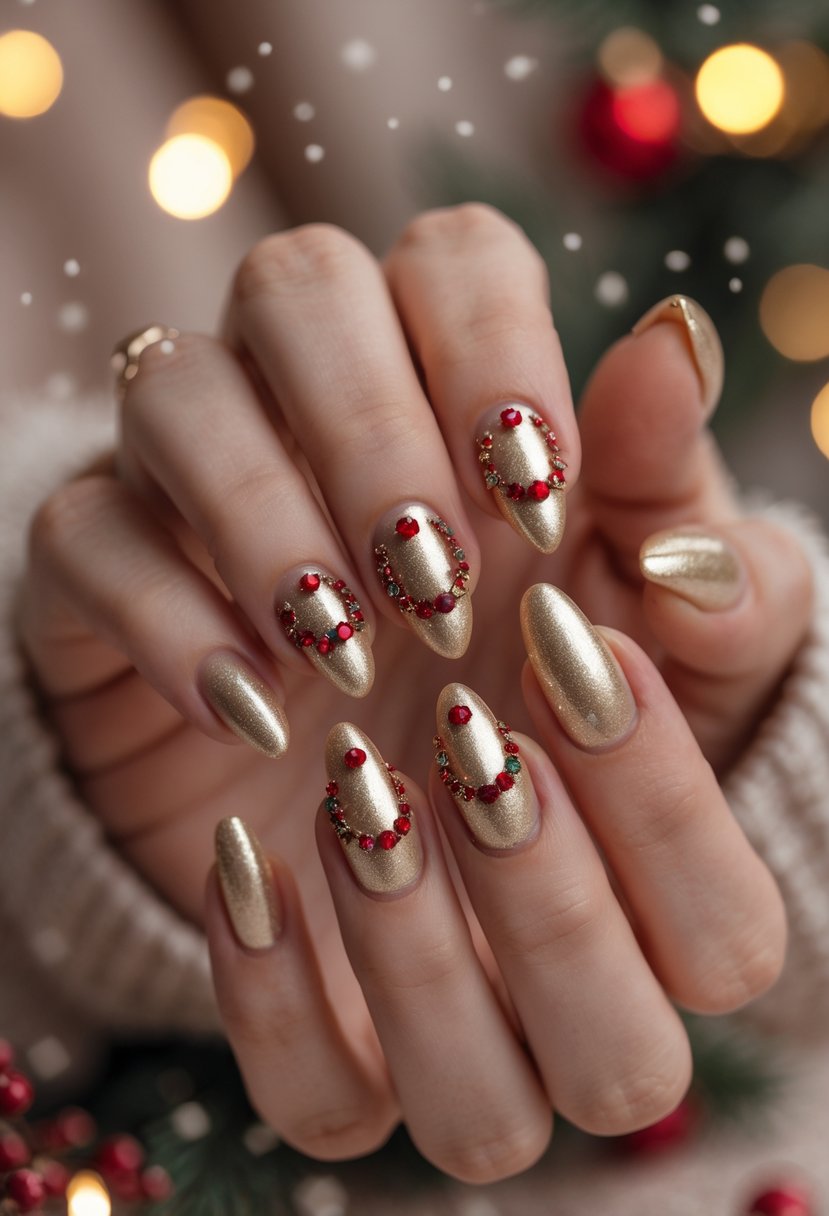 Close-up of hands with champagne gold nails decorated with red rhinestones in a winter holiday setting.
