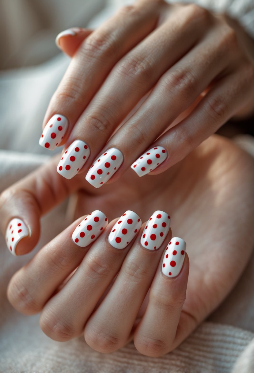 Close-up of hands with white nails decorated with red polka dots.