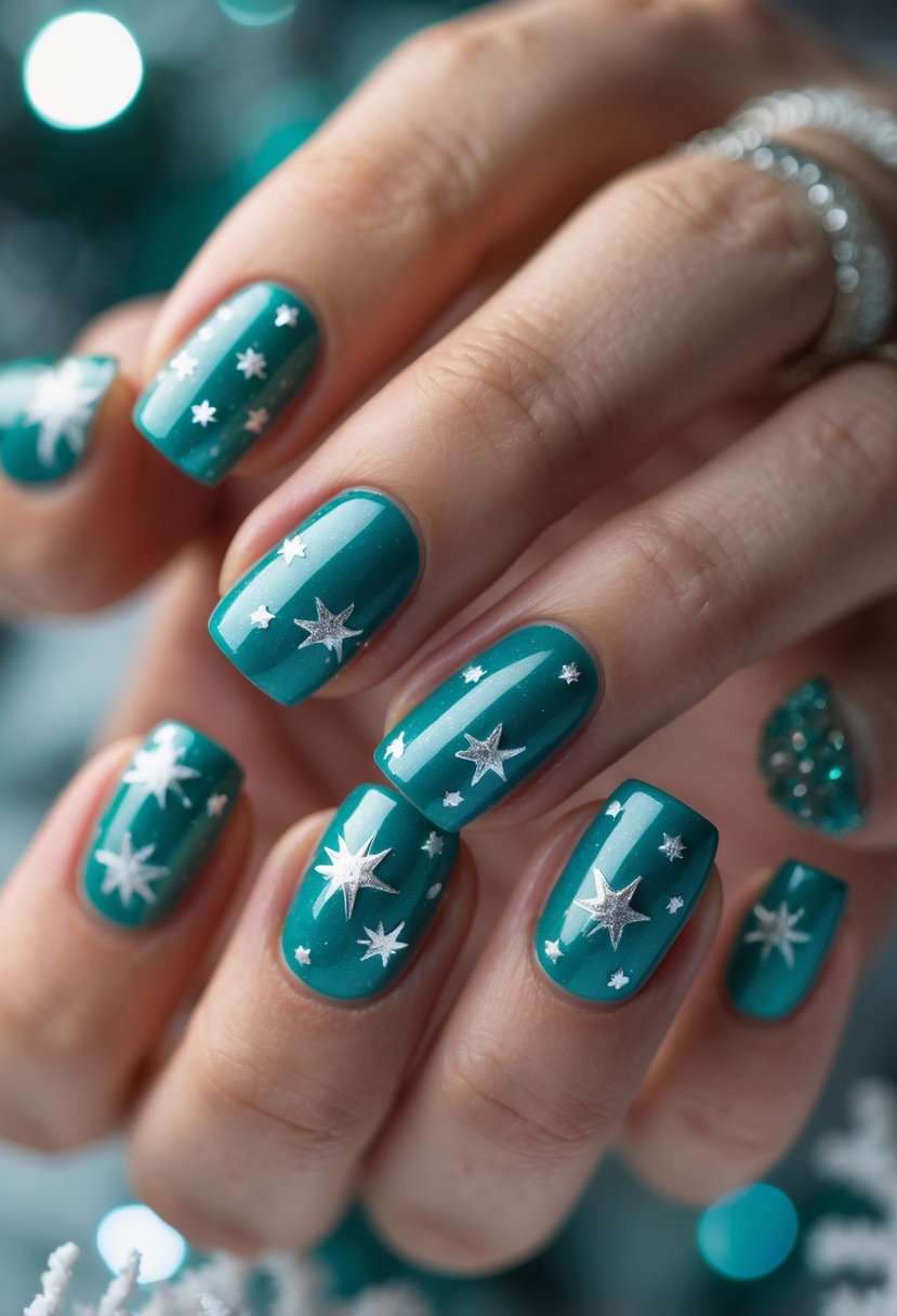 Close-up of a hand with teal nails decorated with silver star designs.