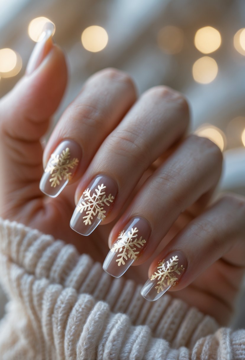 Close-up of a hand with clear nails decorated with gold snowflake stickers.