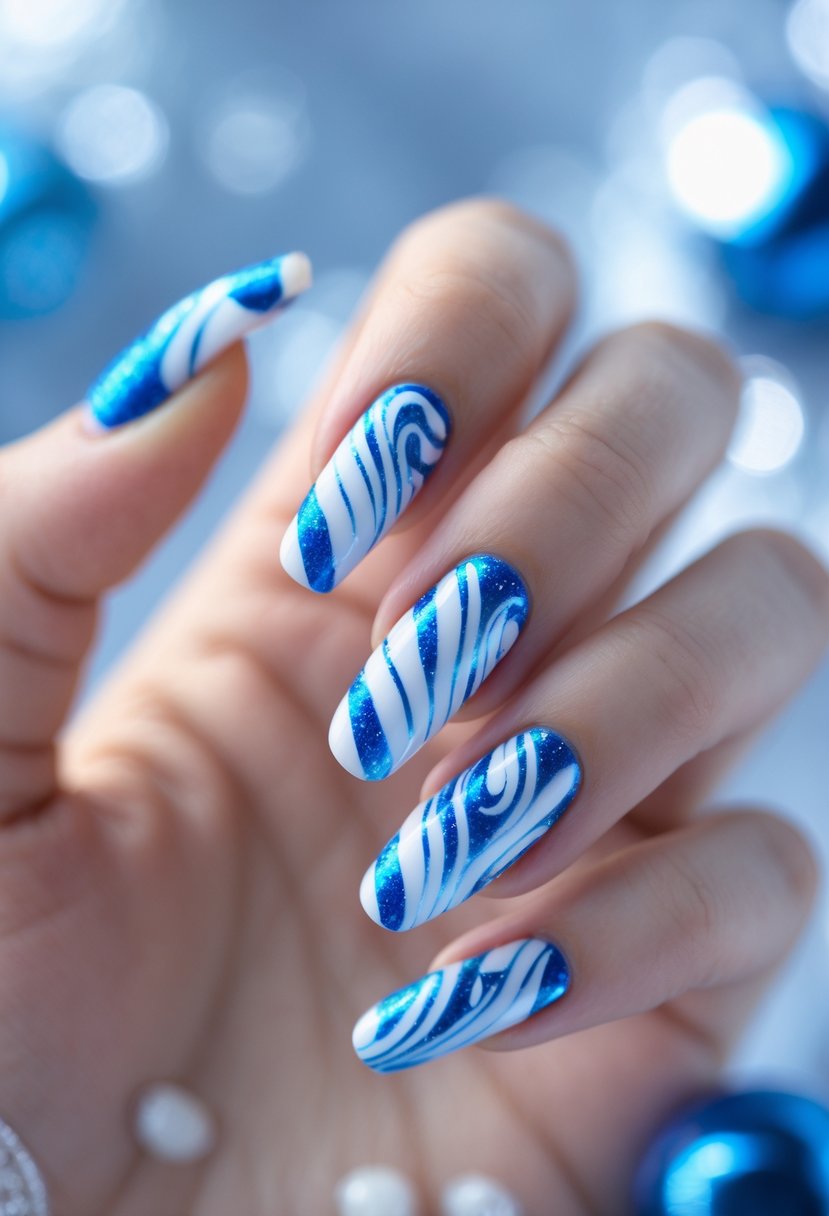 Close-up of a hand with blue and white swirled nails resembling peppermint candy.