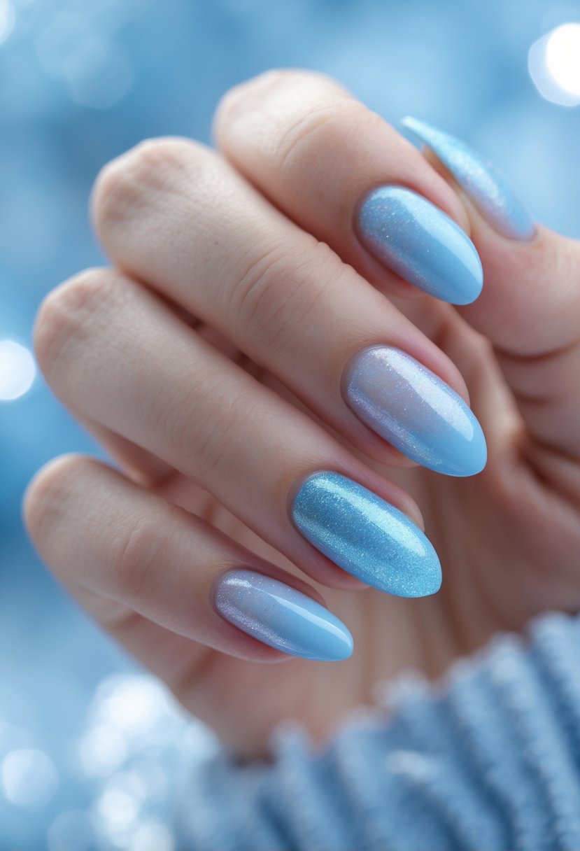 Close-up of a hand with pastel blue nails featuring soft icy shimmer polish.