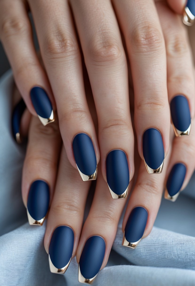 Close-up of hands with navy blue matte nails and glossy tips on a neutral background.