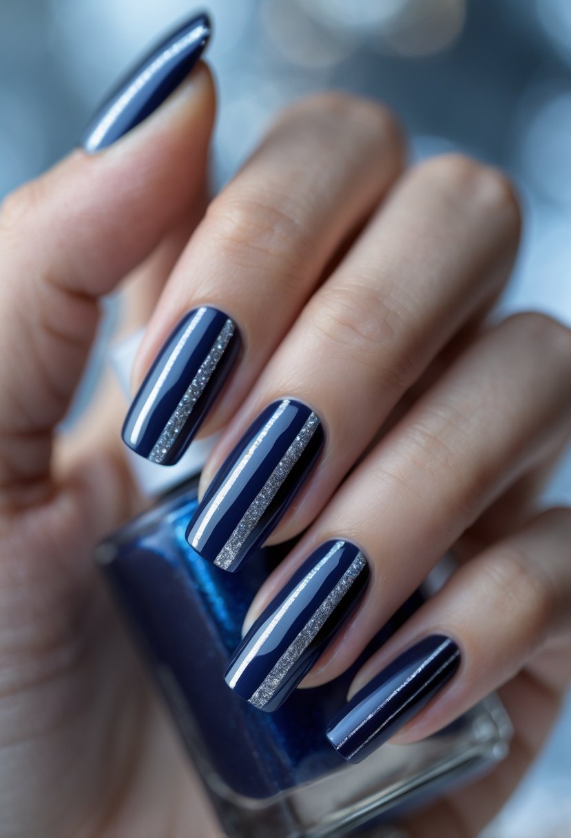 A close-up of a hand with deep blue nails decorated with thin silver stripes.