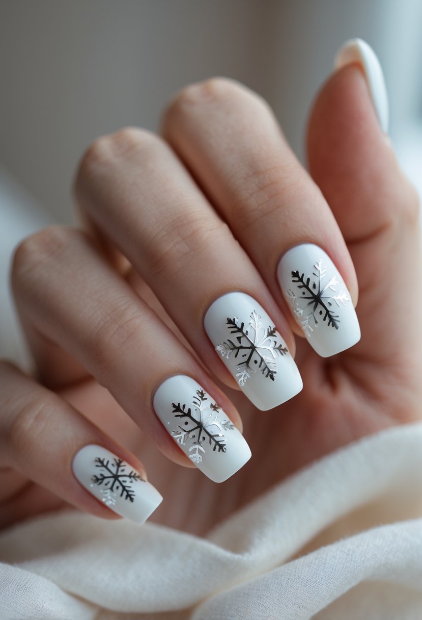 Close-up of a hand with matte white nails decorated with silver snowflake designs.