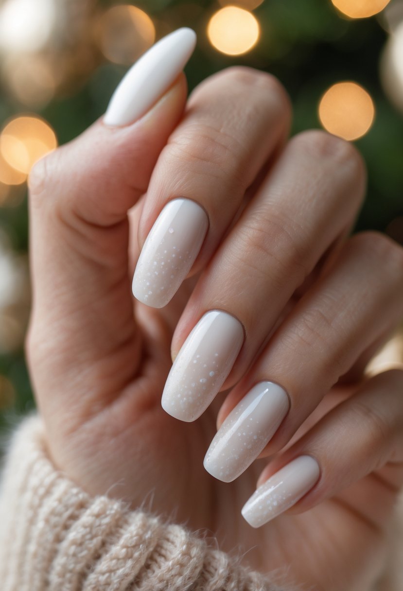 Close-up of a hand with white nails featuring small speckles resembling snowfall.