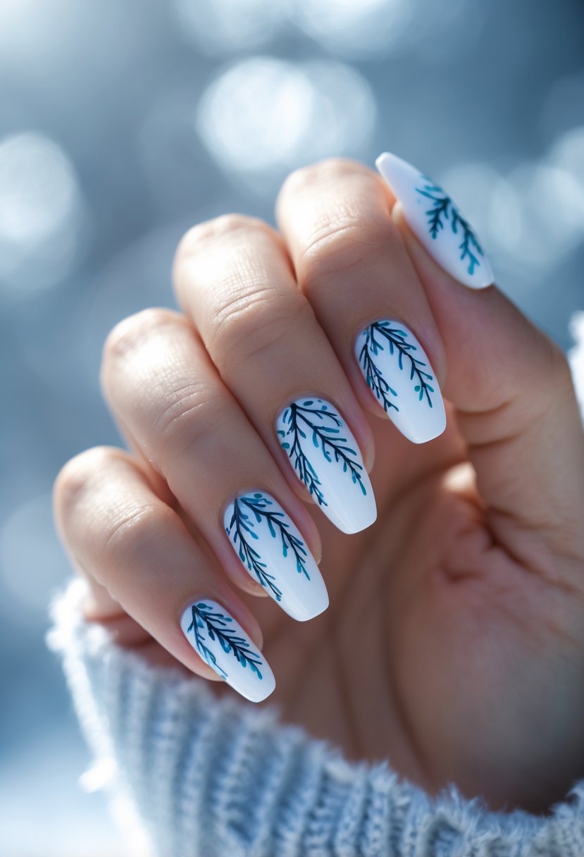 Close-up of a hand with glossy white nails decorated with small blue icicle patterns.
