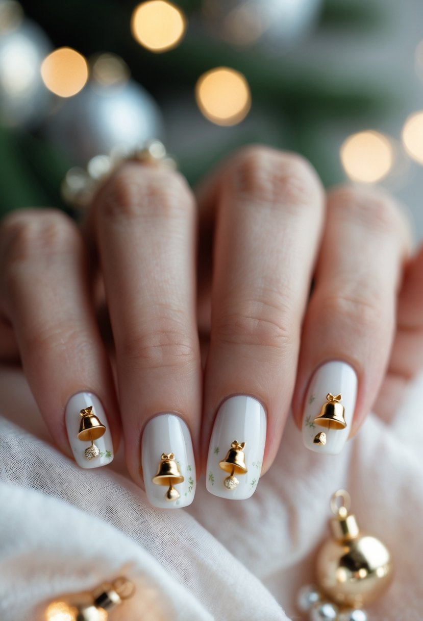 Close-up of a hand with white nails decorated with small gold bells and Christmas ornaments.