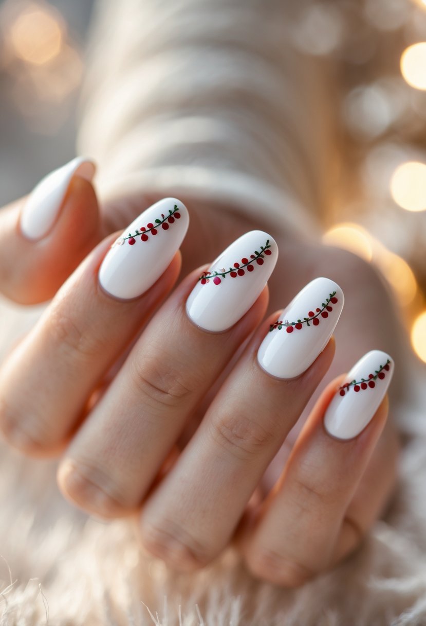 Close-up of a hand with white nails decorated with small red dots arranged in a garland pattern.